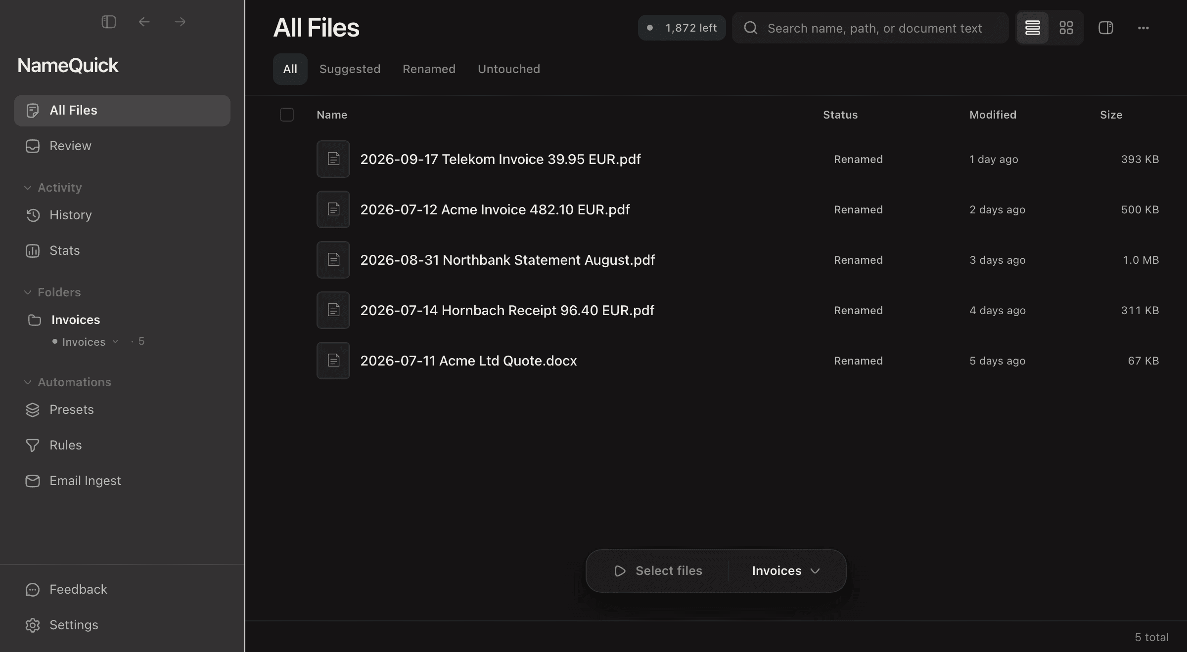 NameQuick 3: Downloads is added in the sidebar and given the Invoices Preset. Then two new files land in it and are renamed on arrival.