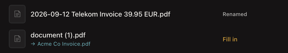 NameQuick's All Files list: a clear invoice is renamed, while an unreadable scan waits with Fill in, its suggested name missing the date and amount.