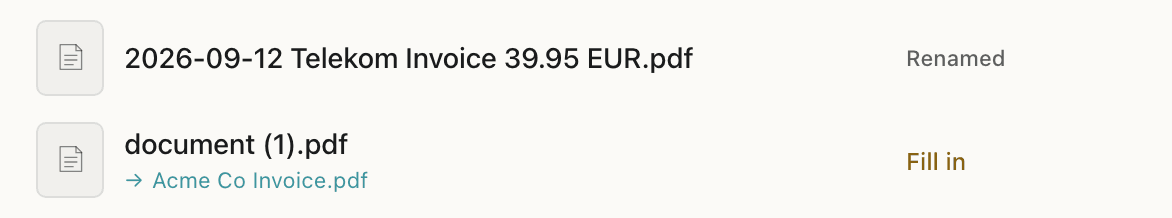 NameQuick's All Files list: a clear invoice is renamed, while an unreadable scan waits with Fill in, its suggested name missing the date and amount.
