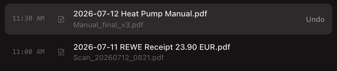NameQuick's History: two renamed files, each with its old name underneath, and an Undo button.